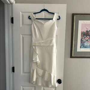 VENUS Cream Asymmetrical Ruffled Sheath Dress